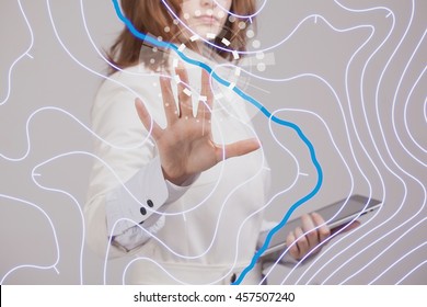 Geographic Information Systems Concept, Woman Scientist Working With Futuristic GIS Interface On A Transparent Screen.