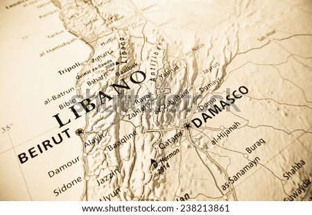 Geographical view of Lebanon (Geographical view altered on colors/perspective and focus on the edge. Names can be partial or incomplete)