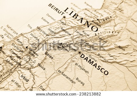 Geographical view of Lebanon (Geographical view altered on colors/perspective and focus on the edge. Names can be partial or incomplete)