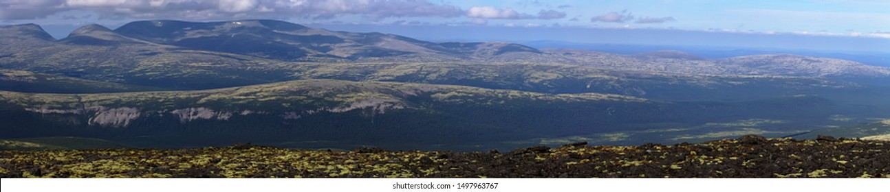 Geography, Geology science. Post-glacial landscape. Panorama of ancient ruined mountains in subarctic region, erosive landforms. Belt of mountain desert, barrens (goltsy). Khibiny mountains. 