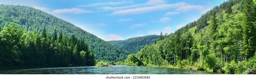 Geography. Middle Siberia (south part). Panorama of powerful rivers and taiga forests, summer, Typical coniform hill oreography (bald peak). - absence of people and virginal natural area