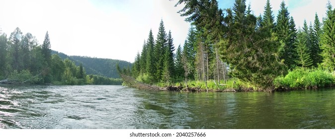 Geography, potamology. Middle Siberia (south part). Panorama of powerful crystal clear rivers and taiga forests, washing of banks and fall of trees, coniform hill oreography. Virginal nature