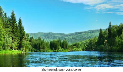 Geography, potamology. Middle Siberia (south part). Panorama of crystal clear water river and taiga forests, Typical coniform hill oreography (bald peak). Absence of people and virginal natural area