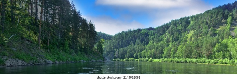 Geography, potamology. Middle Siberia (south part). Panorama of powerful rivers and taiga forests, summer, Typical coniform hill oreography (bald peak). - absence of people and virginal natural area - Shutterstock ID 2145982091