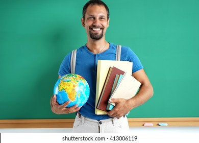 Geography Teacher. Photo Adult Man With Books And Globe, Creative Concept With Back To School Theme