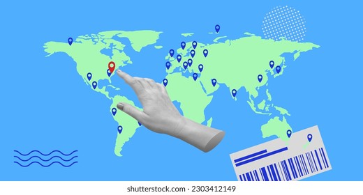 Geolocation, mapping, postal items, delivery, tourism, travel, or navigation concept. The hand is pointing at a specific location on a map with multiple geo-location markers. Minimalistic art collage - Powered by Shutterstock - Get 15% off with code: PIKWIZARD15