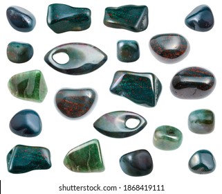 geological collection of natural samples of natural rocks with polished Heliotrope (Bloodstone) gem stones isolated on white background
