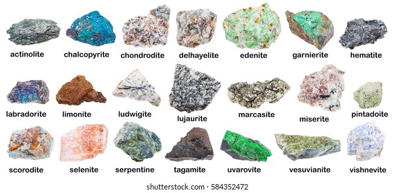 geological collection of various mineral stones with descriptions - limonite, scorodite, serpentine, lujaurite, chalcopyrite, miserite, delhayelite, labradorite, marcasite, ludwigite, garnierite, etc - Shutterstock ID 584352472