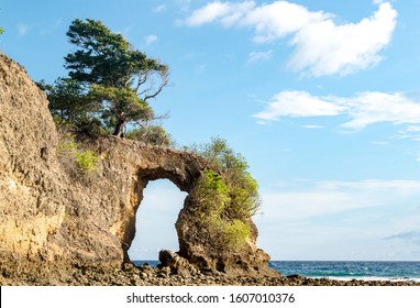 Geological formation known as Rock Arch at Neil island, looks like natural bridge or a natural gate, formed off constant erosion; with calm sea and clear blue sky in background with visible horizon.