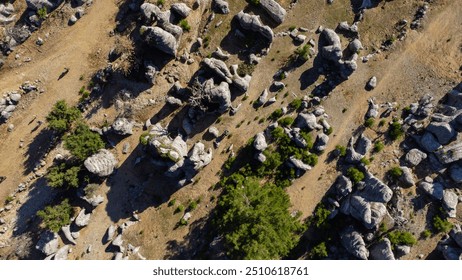 Geological landscape with beautiful rock formations and evergreen trees. Antalya, ancient city of Selge, Adam Kayalar, Turkey. Aerial view - Powered by Shutterstock