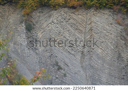 Geological mountain folds in Yaremche city, Ukraine, known as Yaremche folds - biggest outcrop of Stryi formation in Europe. Here rocks of this formation are folded and faulted,gothic or chevron types