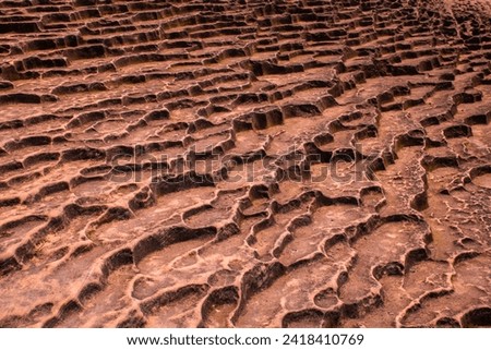 The geological phenomenon of lava rocks and the movement of brown rocks creates holes and ponds that are natural reservoirs for water. The surface of the stone has an amazing shape.
