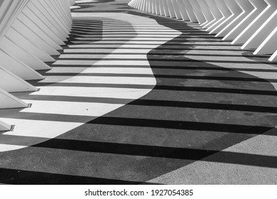 Geometric Architectural Pattern, Shadows, And Lines Black And White For Futuristic And Model Concepts And Art Work.