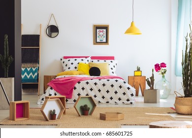 Geometric Bedroom With Colorful Bed, Cactus And Cross Duvet Cover