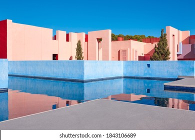 Geometric building structure. The red wall, Calp, Spain