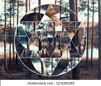 Geometric collage with the image of the nordic landscape. Abstract background with composition of sacred geometry , forest and lake. Harmony, spirituality, unity of nature. 