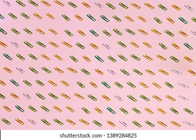 Geometric Composition Of Different Bright Paper Clips, Top View Photo, Collection, Unusual Hobby