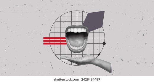 Geometric Creative Art Collage. Speaking Concept Artwork. Textured Background. Copy Space Design. Business Man  Speaker. Screaming Mouth. Retro Vintage Colors. Advertismet Design. Flyer Banner Poster.