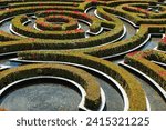 Geometric design of a flower garden and water feature.