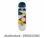 Geometric Design Skateboard features a skateboard adorned with a vibrant geometric pattern consisting of triangles, circles, and various colors like blue, yellow, and orange.