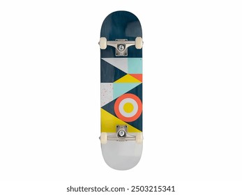 Geometric Design Skateboard features a skateboard adorned with a vibrant geometric pattern consisting of triangles, circles, and various colors like blue, yellow, and orange. - Powered by Shutterstock