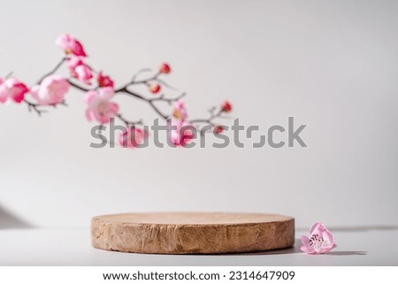 Geometric empty podium wooden platform stand for product presentation and spring flowering tree branch with pink flowers on white background.