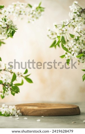 Geometric empty podium wooden platform stand for product presentation and spring flowering tree branch with white flowers on pastel beige background.