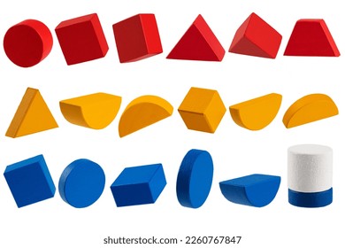 geometric figures made of wood, painted and stacked on a table, isolated - Shutterstock ID 2260767847
