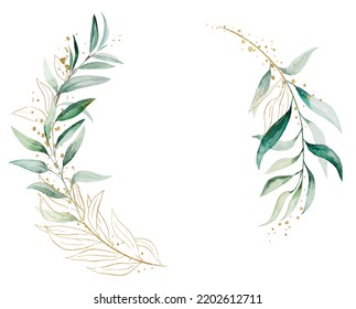 Geometric golden wreath made of green watercolor eucalyptus  leaves, isolated illustration, copy space. Botanical element for romantic wedding stationery, greetings cards, printing and crafting