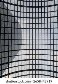 Geometric grid pattern of glass ceiling with cityscape view