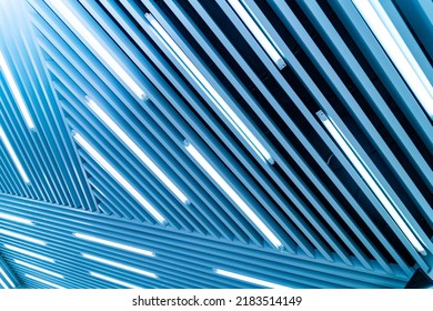 Geometric Hitech Office Interior. Abstract Blue Line Pattern Ceiling.