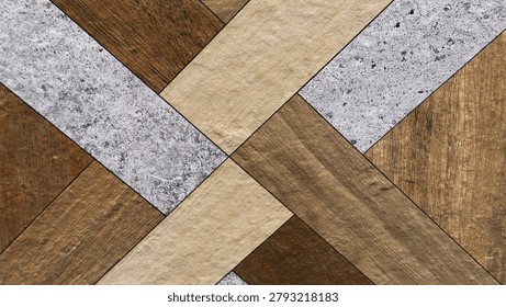 Geometric interlocking tile texture with mixed wood grain and concrete stone patterns background