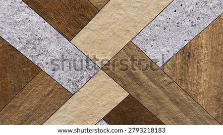 Geometric interlocking tile texture with mixed wood grain and concrete stone patterns background