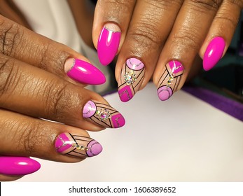 Geometric Nail Art On Black Female Hands