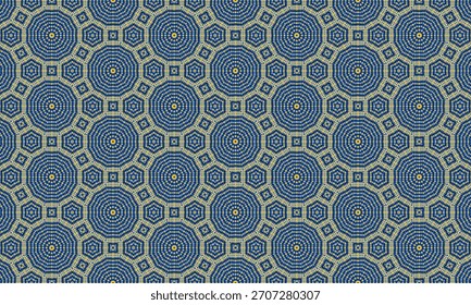a geometric pattern with circles and polygons in blue and gold, great for backgrounds and textile prints