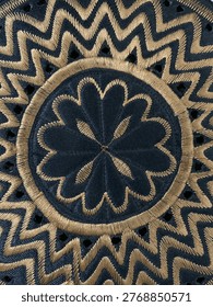 The geometric precision and metallic gold threadwork have a global, artisanal feel. It resembles the opulent styles found in Indian and Middle Eastern embroidery (such as Zardozi), or even certain types of traditional Moroccan or Turkish textiles.