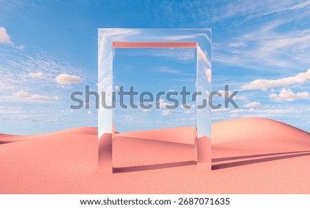 A geometric rectangular mirror frame reflects the desert landscape and clouds, blending seamlessly with the horizon for a futuristic and minimalist art installation. 3d rendering
