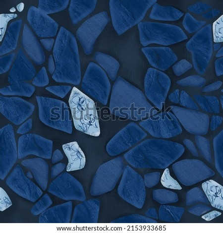 Geometric seamless pattern with cracked ceramic tile texture. Kintsugi style background. Japanese technique with broken pieces glued with gold. Mosaic ornament overlay on flower silhouettes.