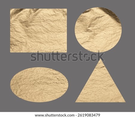 Geometric shapes in gold, including rectangle, circle, oval, ellipse, and triangle, with shiny metallic finish and embossed texture, elegant and stylish design, isolated on a white abstract background