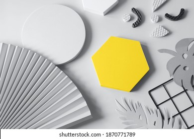 Geometric Shapes Hexagon, Circle Paper Fan And Monstera Leaves Flat Lay Template Toned Ultimate Gray Hexagon Is Illuminating Yellow