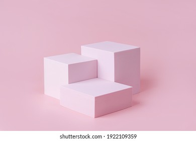 Geometric shapes podium for product display. Monochrome platform on pink background. Stylish background for presentation. Minimal style.
