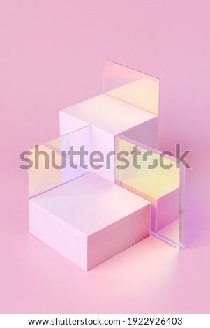 Geometric shapes podium for product display. Monochrome platform  with gloss acrylic sheets on pink background. Stylish background for presentation. Minimal style.