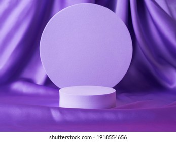 Geometric Shapes Purple Stand Podium Mockup For Product Display On Silk Very Peri Color Of Year Textile Background