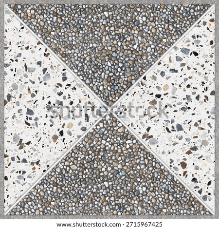 Geometric terrazzo tile pattern with four triangular sections converging at the center, alternating light and dark speckled textures.