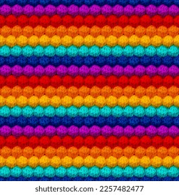 Geometric volumetric seamless knitted pattern in the form bumps  The texture is crocheted from multi  colored yarn  Rainbow color combination 