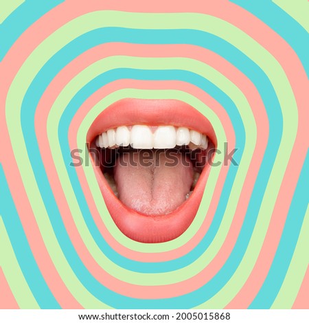 Geometric waves. Contemporary art collage, modern design. Summer time mood. Composition with female opened mouth isolated over bright absract background. Party, vacation, resort, fun mood.