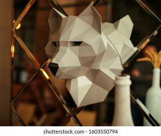 geometric white wolf head mask made of paper