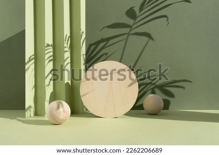 Geometric wooden podium on an abstract green background with a shadow of palm leaves. A scene with a geometric background. Backdrop for the product presentation. Empty showcase