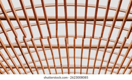 Geometric Wooden Trellis Ceiling with Symmetrical Light Filtering Grid