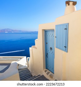 Geometry and colors of sunny Santorini, Greece.  A picturesque view of the traditional Santorini cycladic houses on a small street . Oia Village, Santorini, Greece. Santorini minimalistic photo collec - Shutterstock ID 2223672213